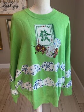 NWT! QUEEN OF SPARKLES Green Mahjong Tile & Dice Crewneck Sweater